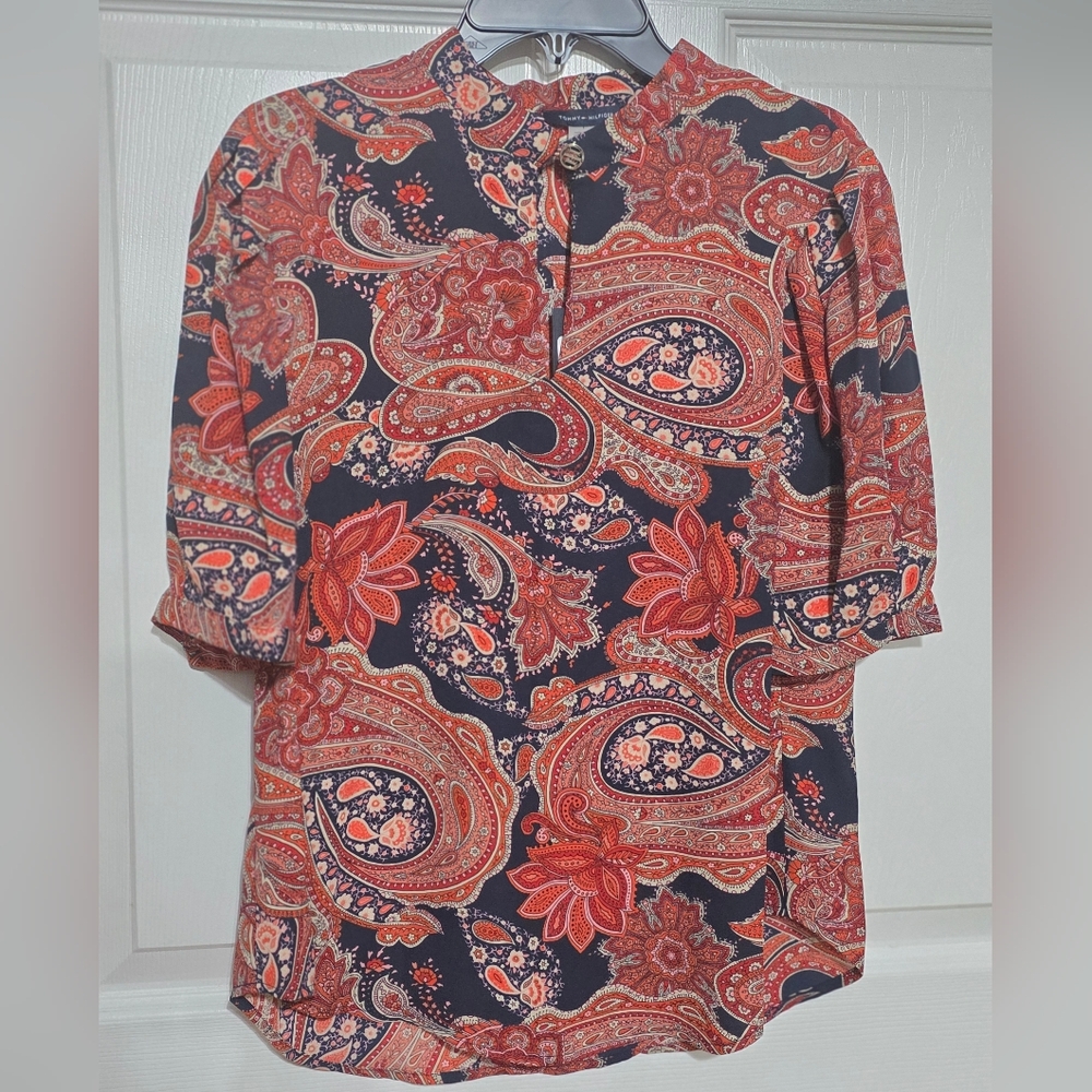 Tommy Hilfiger Navy Paisley Blouse with Coral Accents